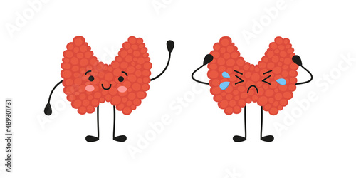 Healthy happy thyroid and upset unhealthy thyroid cartoon characters. Kawaii organs. Vector illustration isolated in cartoon style on white background.