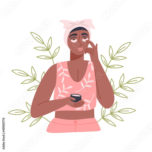 Young woman applying hydrogel eye patches on her face. Daily morning skincare routine. Vector flat illustration
