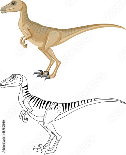 Velociraptor dinosaur with its doodle outline on white background