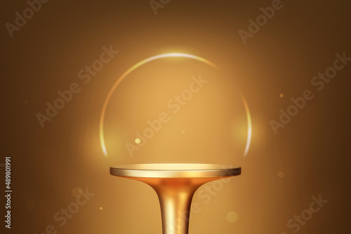 Empty stage gold luxury podium 3d background presentation scene of abstract golden product pedestal stand platform or blank cosmetic showcase template and premium shiny display and elegant backdrop.