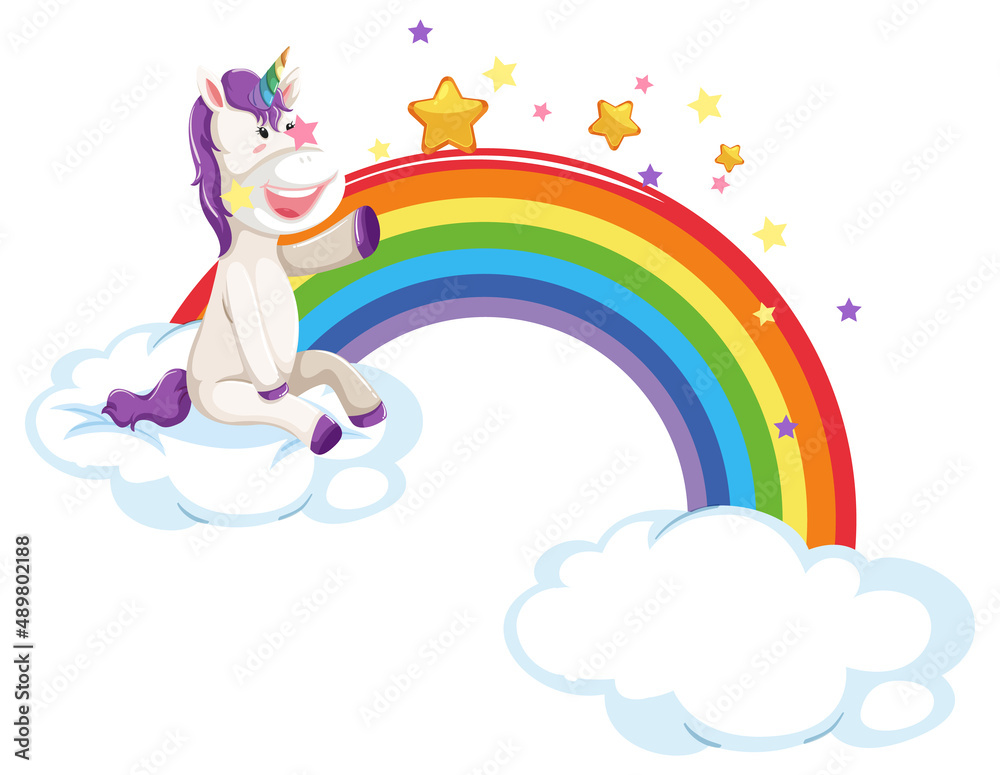 Unicorn sitting on a cloud with rainbow in cartoon style Unicorn sitting on a cloud with rainbow in cartoon style