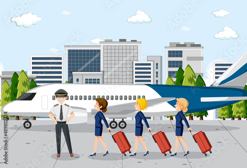 Airport scene with aircrews in cartoon style