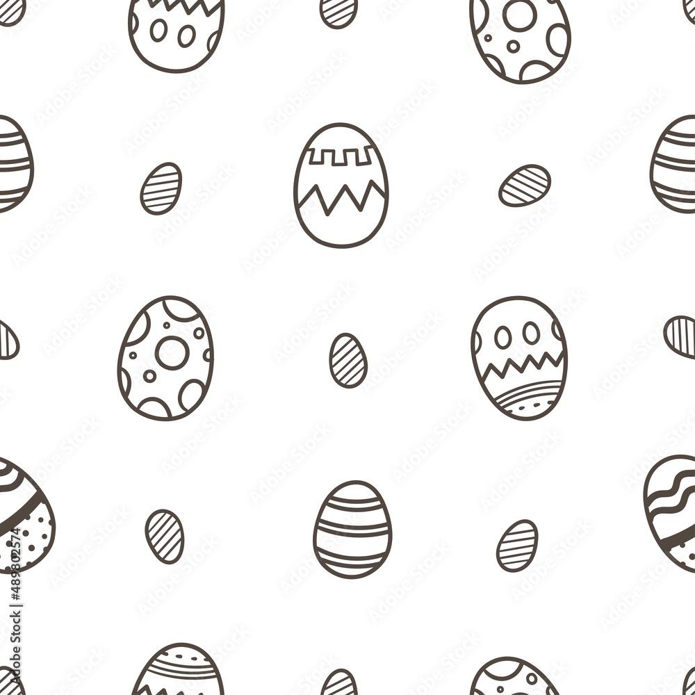 Easter seamless pattern with cartoon eggs on white background. Painted eggs print. Holiday doodle wallpaper.