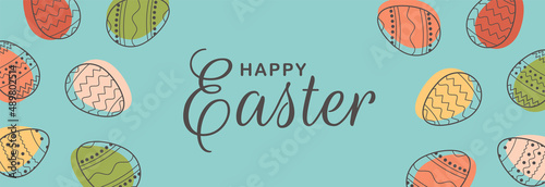 Festive frame template with trendy outlined geometric pattern on Easter Eggs. Decorative horizontal banner with Easter eggs on blue background. Vector border for holiday with place for text.