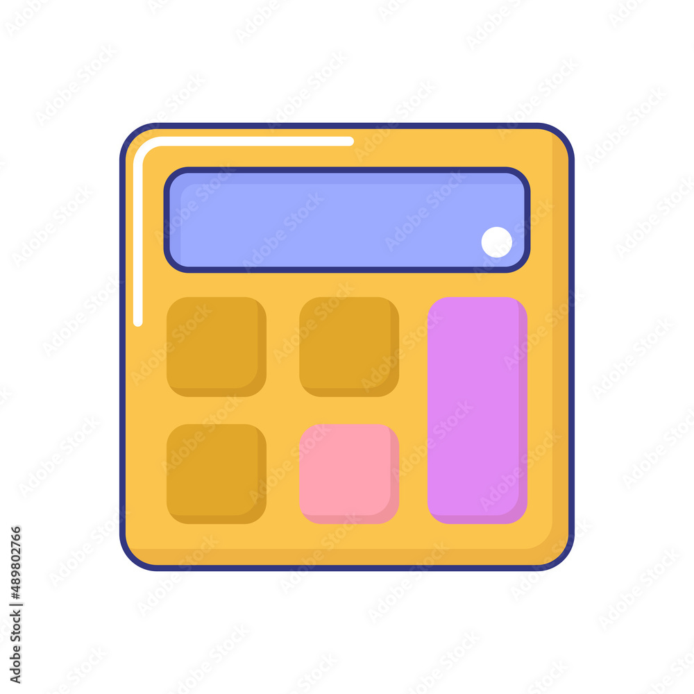 Front view of mobile yellow electronic calculator device. Office or school stationery tool. Savings, finance, economy symbol cartoon vector illustration isolated white background Front view of mobile yellow electronic calculator device. Office or school stationery tool. Savings, finance, economy symbol cartoon vector illustration isolated white background