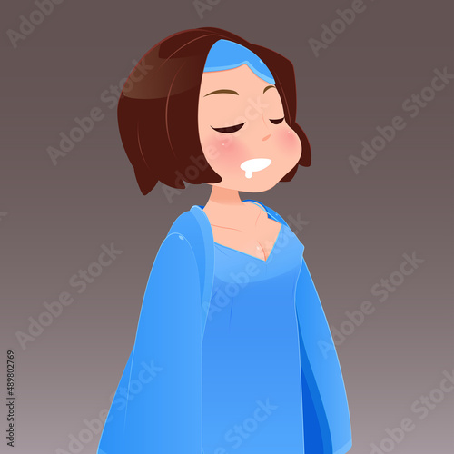 Cartoon female in a blue nightwear sleepwalker on a brown background.