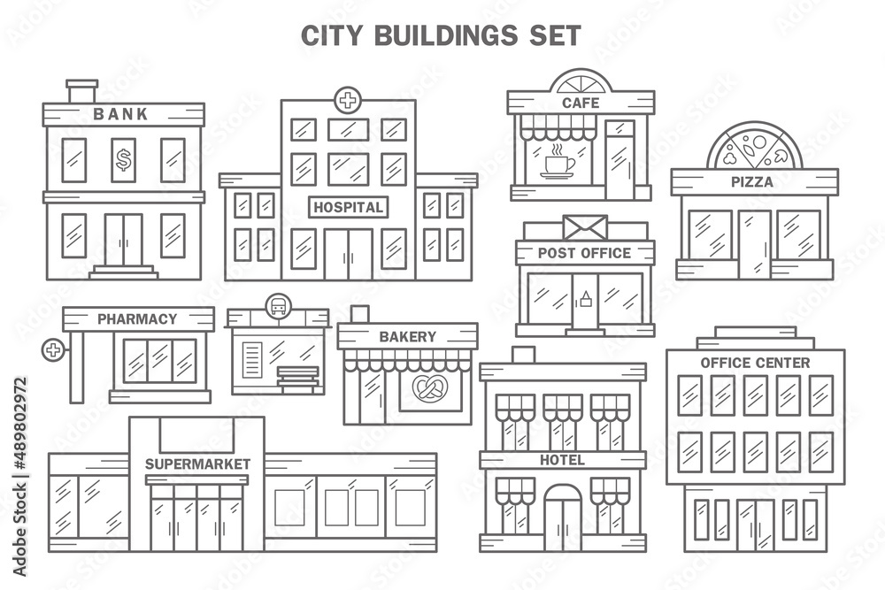 City buildings line icon set. Urban architecture elements. Bank, hospital, cafe, pizza, pharmacy, bus stop, bakery, post office, hotel and suprrmarket. Vector illustration EPS 10.