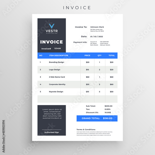 Business invoice form template. Invoicing quotes, money bills or price invoices and payment agreement design templates.