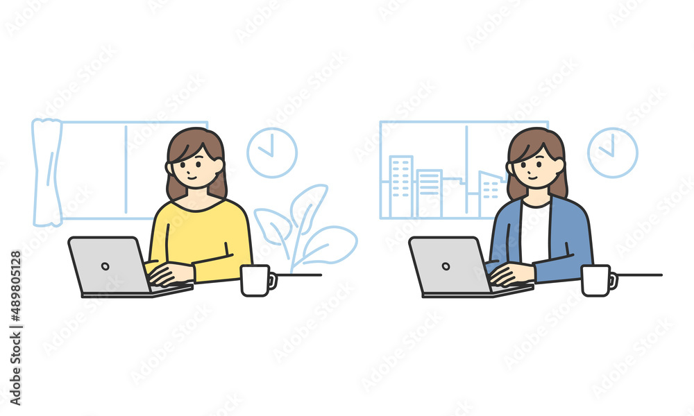 自宅で働く女性とオフィスで働く女性のイラスト素材