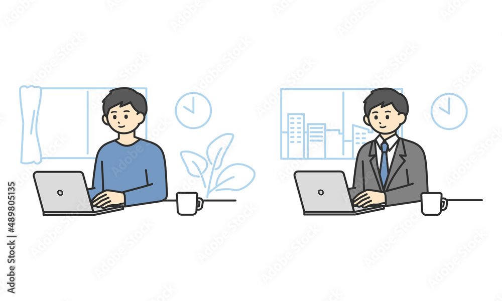 自宅で働く男性とオフィスで働く男性のイラスト素材