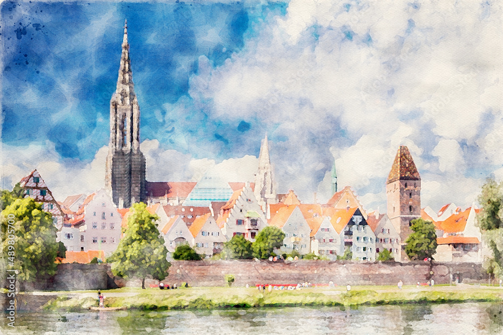 Aquarell der Ulmer Stadtansicht mit dem Münster, der Altstadt und der Stadtmauer