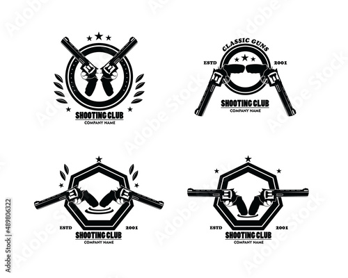 Gun collection of club emblems, labels and design elements. revolvers, rifles,