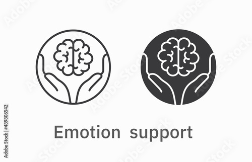 Hands holding brain icon on white background. Vector illustration.