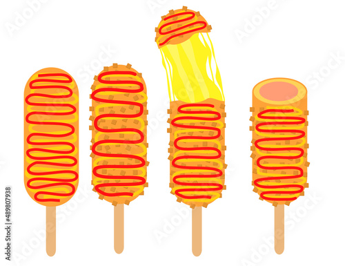 Corndog with ketchup, mustard and cheese.Korean street food.Hot dogs with sausage.American cuisine.Sign, symbol, icon or logo isolated.Cartoon vector illustration.Flat design.Menu for restaurants.