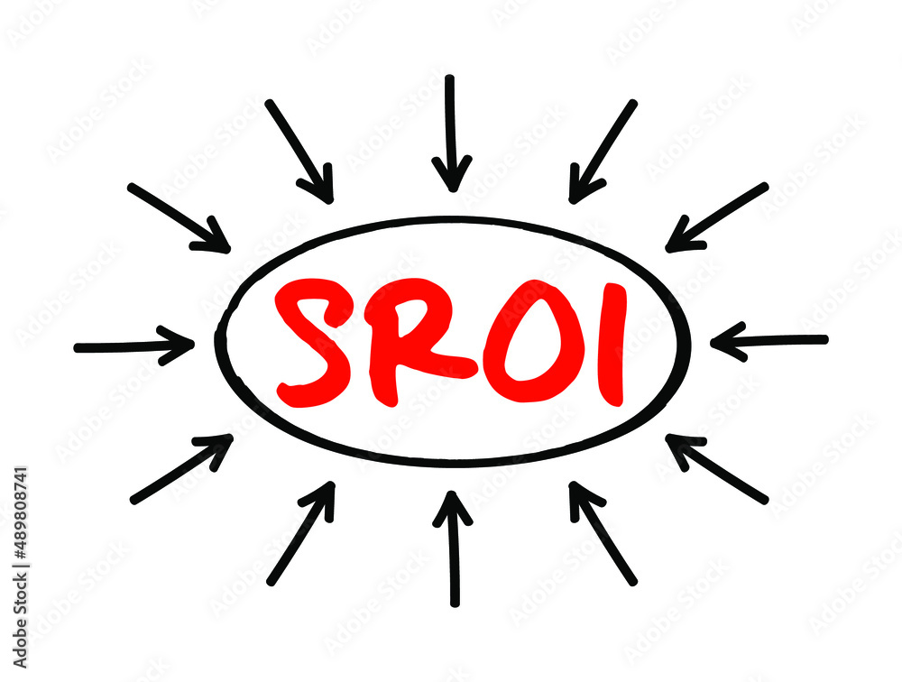 SROI Social Return On Investment - costs and benefits to society of investment in education, acronym text with arrows SROI Social Return On Investment - costs and benefits to society of investment in education, acronym text with arrows
