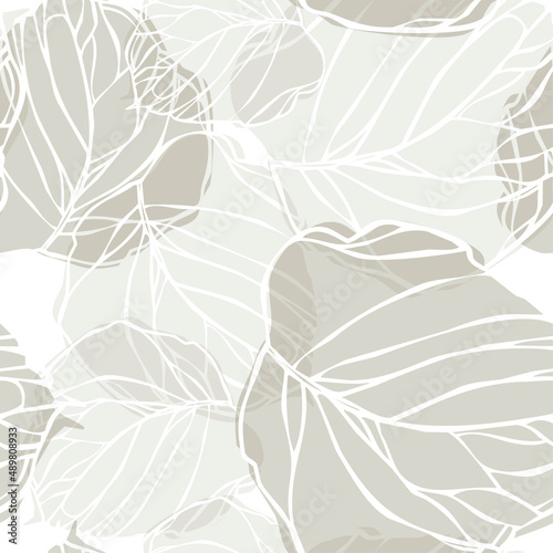 Luxury floral pattern with gray leaves on a white background.