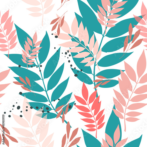 abstract botanic seamless pattern with exotic leaves, hand drawn background