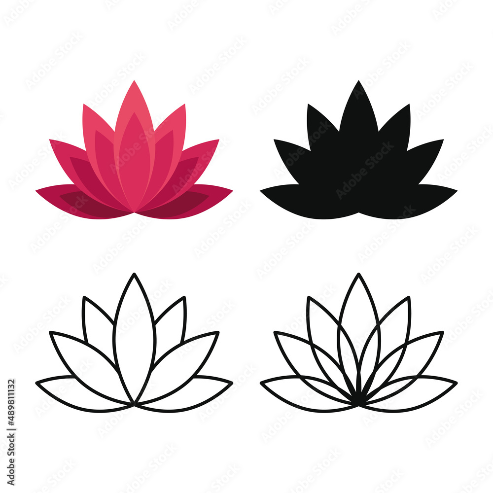 Set the lotus icon. The lotus is a symbol of life and happiness. Lotus is a perennial plant of the Lotus family. Vector illustration isolated on a white background for design and web.