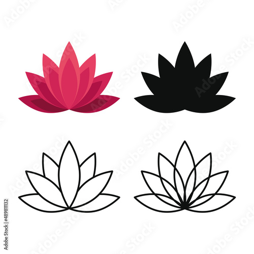 Set the lotus icon. The lotus is a symbol of life and happiness. Lotus is a perennial plant of the Lotus family. Vector illustration isolated on a white background for design and web.