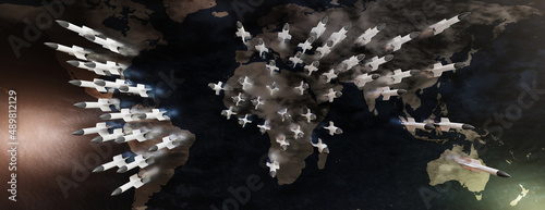 Nuclear weapon. Rocket on world map background, banner. Cold war, World War threat. 3d render photo