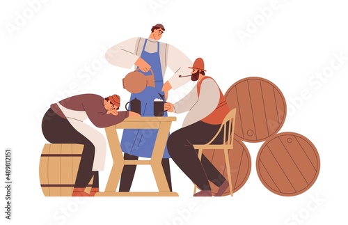 People drinking alcohol in medieval tavern. Drunk men sitting at wood desk in pub, relaxing with beer mugs and wine. History bar of Middle ages. Flat vector illustration isolated on white background