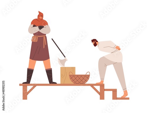 Medieval punishment. Executioner beheading guilty man with axe. Torturer punishing person in Middle ages. Punisher, Jack Ketch. Flat vector illustration isolated on white background photo