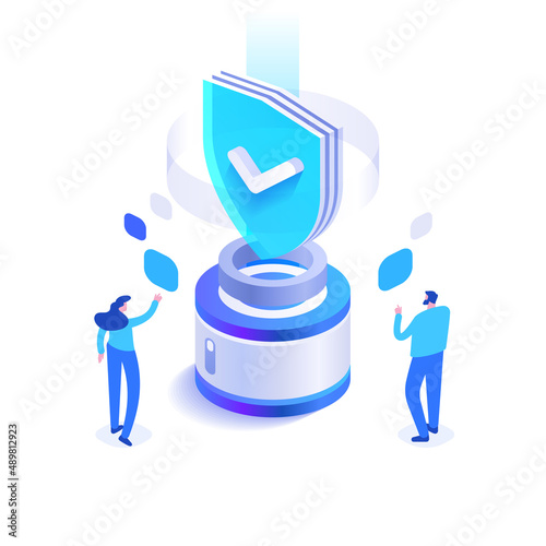 Cyber security and personal data protection. People work in security system. Antivirus program, protection hacker attacks. Verification and authentication users. Vector illustration in isometric view
