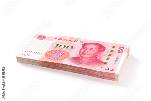 Chinese 100 RMB Yuan banknotes on white background. photo