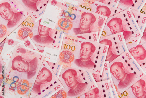 Closeup details of 100 Renminbi (RMB, CNY) money background, abstract China economy concept