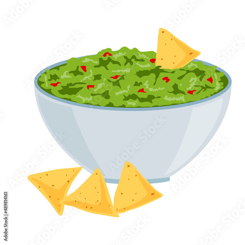 Guacamole in a bowl with nachos. Traditional Mexican food. Isolated image on a white background. Vector illustration.