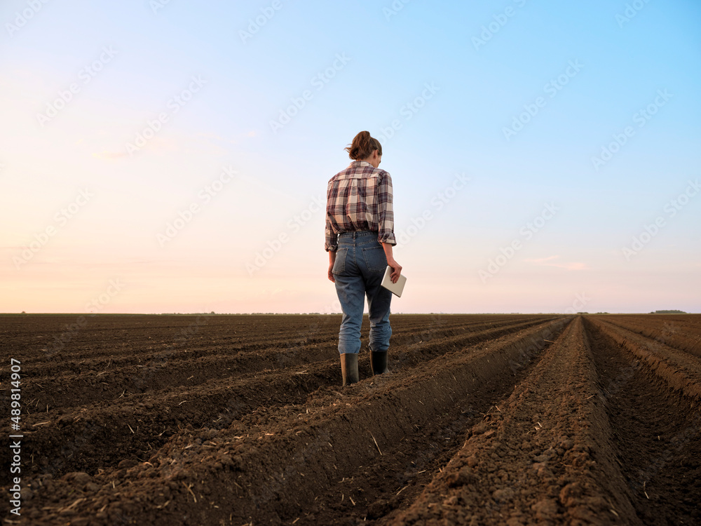 Farmer examining plowed field at sunset Farmer examining plowed field at sunset