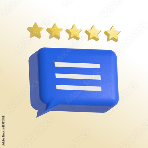 3d blue rendering rounded rating stars icon. Bubble chat with three line and five stars. Product review, testimonial icon for online shop