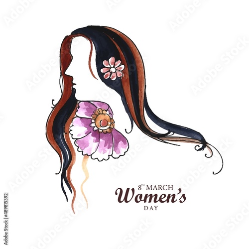 Beautiful face of lady in happy women's day card background