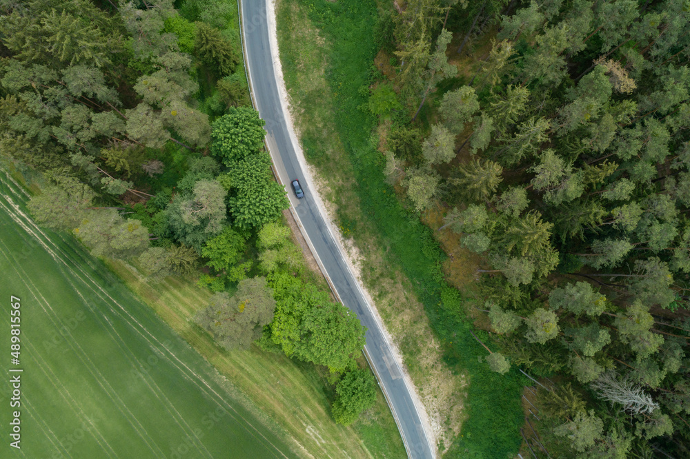 Drone view of country road in summer