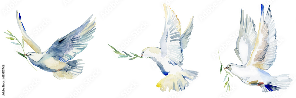 Flying white dove and olive branch watercolor illustration. Symbol of peace. white Pigeon isolated on white  - obrazy, fototapety, plakaty 