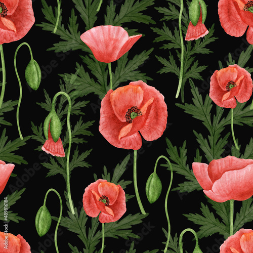 Poppy flower seamless pattern. Watercolor hand drawn poppy flowers wallpaper  fabric design  rustic botanical background