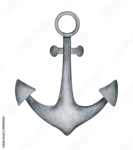 Cartoon anchor illustration. Watercolor metal anchor clipart element isolated on white background. Children illustration.