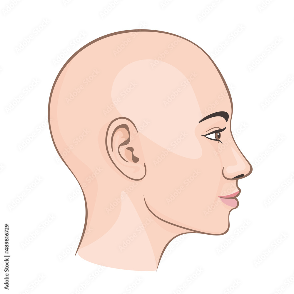 Profile of young bald female girl with clean fresh skin. Antiaging cosmetic massage concept mockup