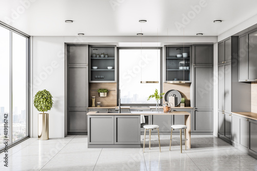 Luxury kitchen design interior with window and city view  daylight  island  appliances and other items. 3D Rendering.