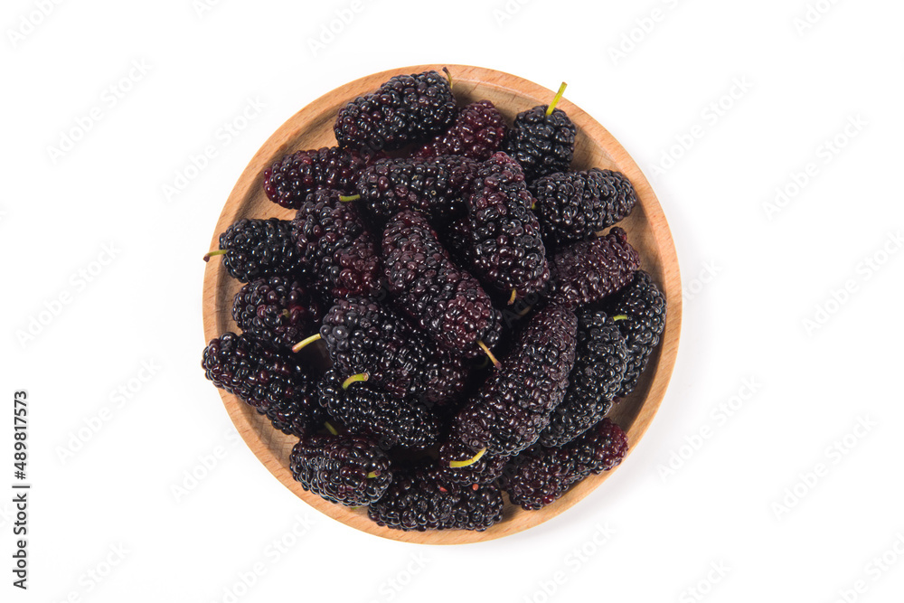 ripe mulberries fruit in plate isolated on white background ripe mulberries fruit in plate isolated on white background