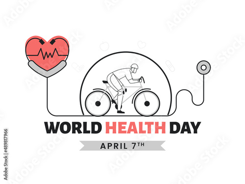 7th April, World Health Day Concept With Doodle Style Man Cycling And Heartbeat Checkup By Stethoscope On White Background. photo