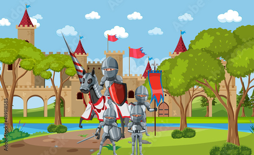 Medieval warriors in middle ages nature scene