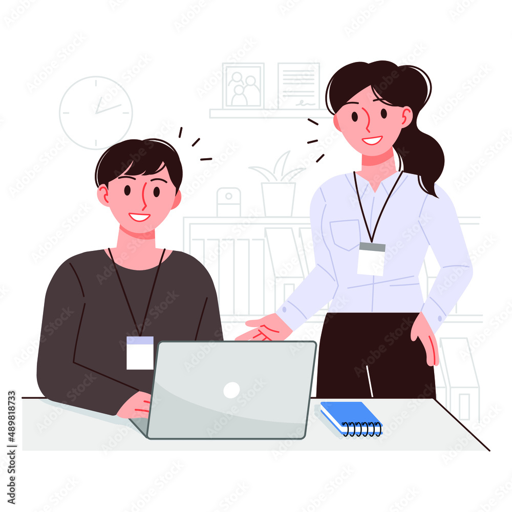 Business teamwork illustration. A female boss is talking to a male employee about work. Business teamwork illustration. A female boss is talking to a male employee about work.