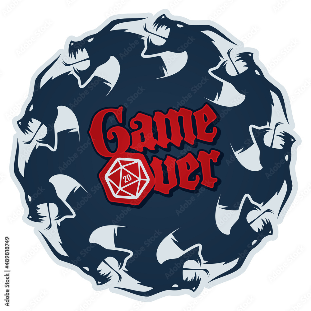 Vector inscription Game Over with 20 sided dice with circle dragons. Board games. Isolated on white background. Vector inscription Game Over with 20 sided dice with circle dragons. Board games. Isolated on white background.