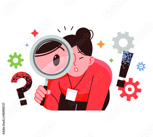 Business woman illustration. A woman is making observations with a magnifying glass.