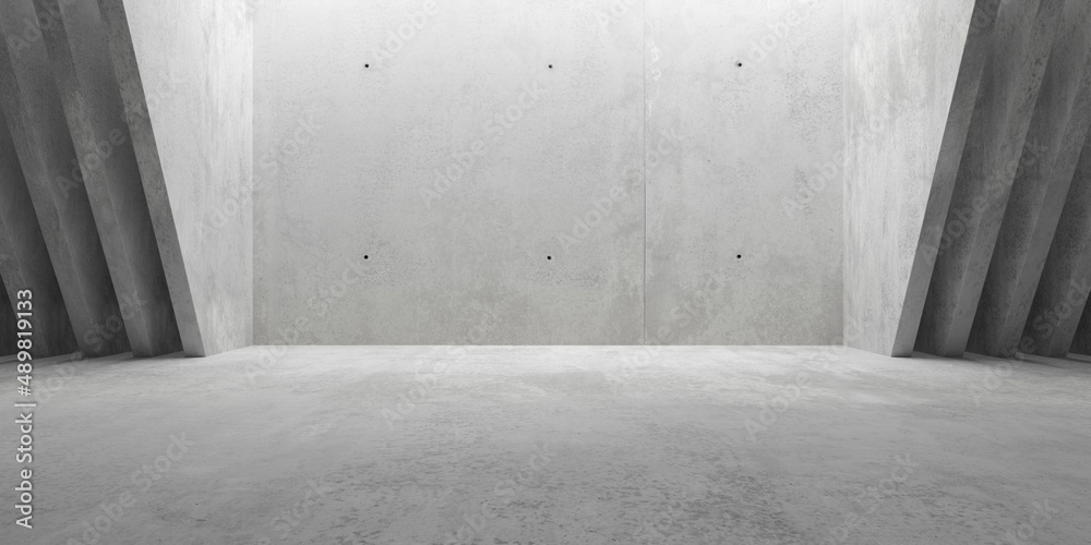 Abstract empty, modern concrete walls room with indirect ceiling light opening in the back and sliced downward sloped walls in the back - industrial interior background template Abstract empty, modern concrete walls room with indirect ceiling light opening in the back and sliced downward sloped walls in the back - industrial interior background template