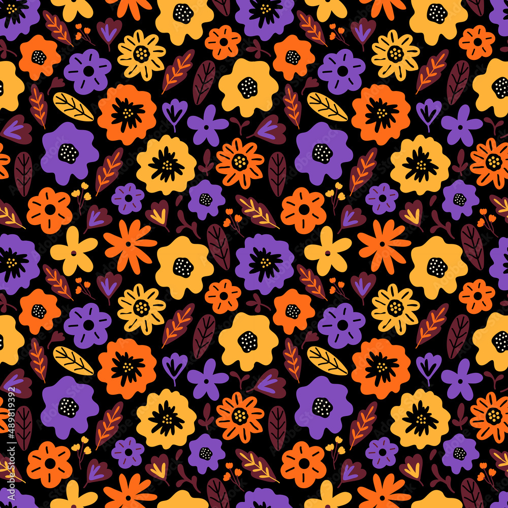 Blooming summer meadow seamless pattern. Repeating floral pattern on dark background. Lot of different wild yellow, red, purple flowers on the field. Liberty mille fleurs. Scandinavian style.