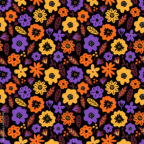 Blooming summer meadow seamless pattern. Repeating floral pattern on dark background. Lot of different wild yellow, red, purple flowers on the field. Liberty mille fleurs. Scandinavian style.