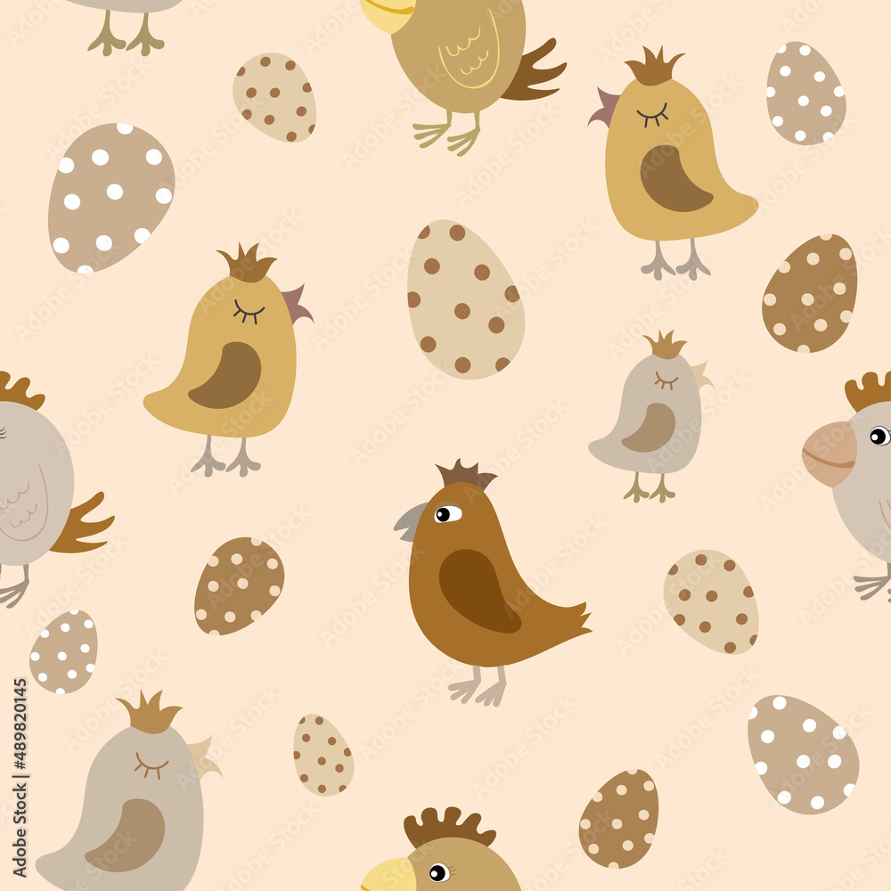 Fototapeta premium Funny birds and eggs seamless pattern in pastel colors, Easter repeat pattern, a springtime background