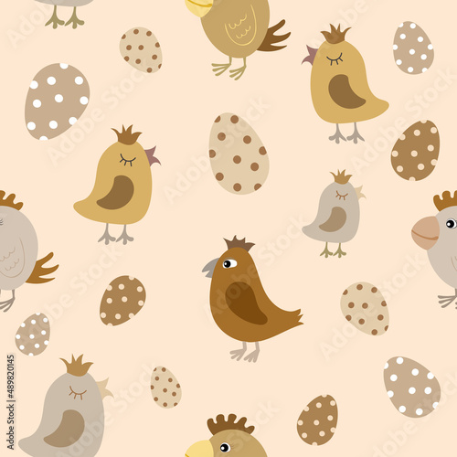 Funny birds and eggs seamless pattern in pastel colors, Easter repeat pattern, a springtime background 